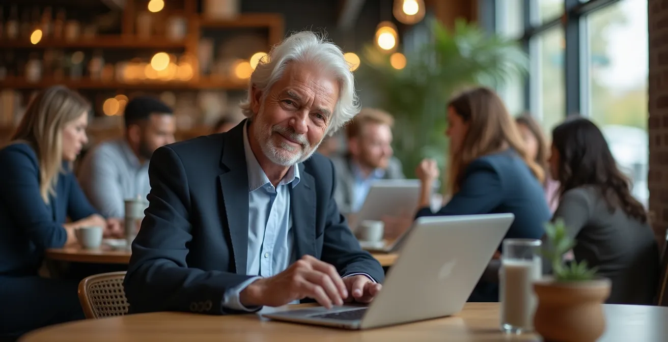 Personne senior travaillant avec assurance dans un espace de coworking lumineux