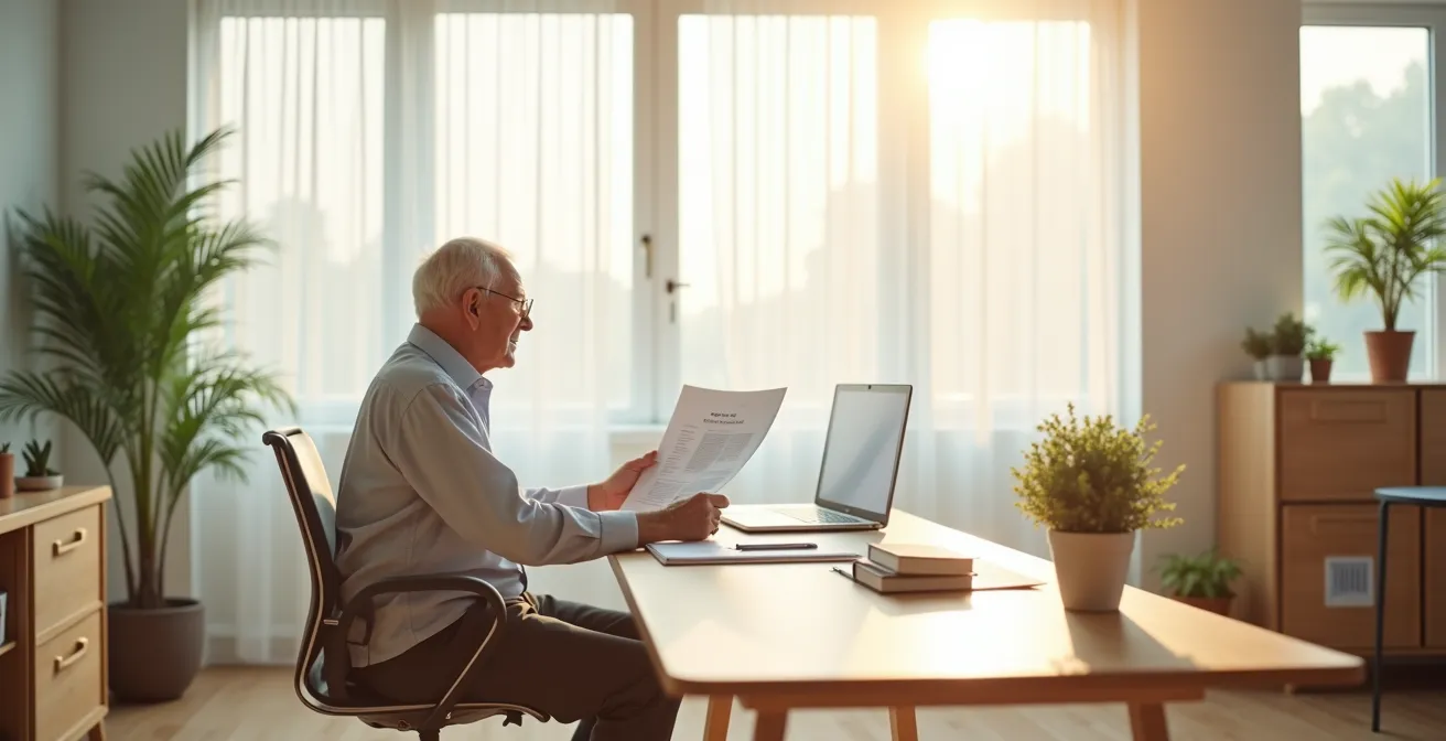 Personne âgée analysant sa déclaration de revenus dans un bureau éclairé