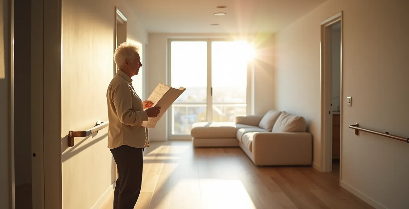 Senior étudiant des plans de rénovation progressive de son logement avec calendrier et budget