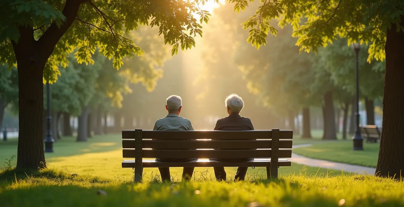 Couple de seniors se reposant sur un banc dans un parc verdoyant pendant une pause touristique