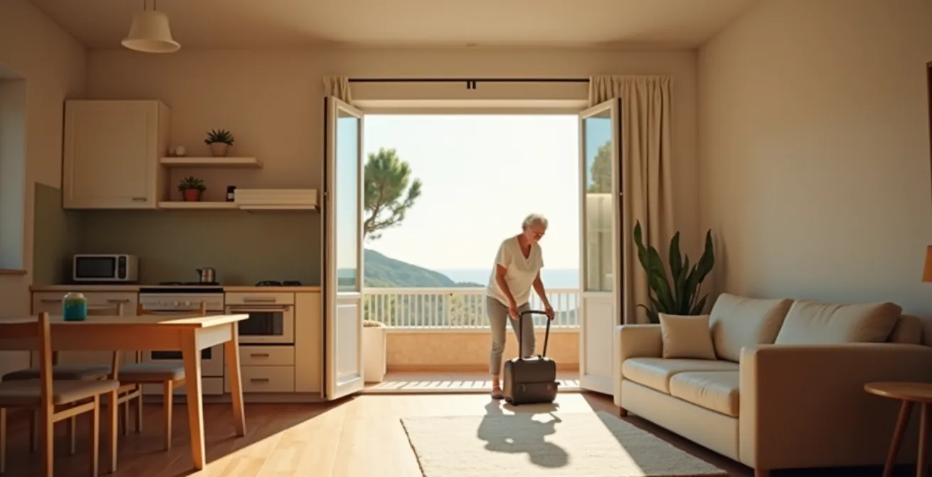 Personne senior dans un studio de vacances lumineux et accueillant avec kitchenette