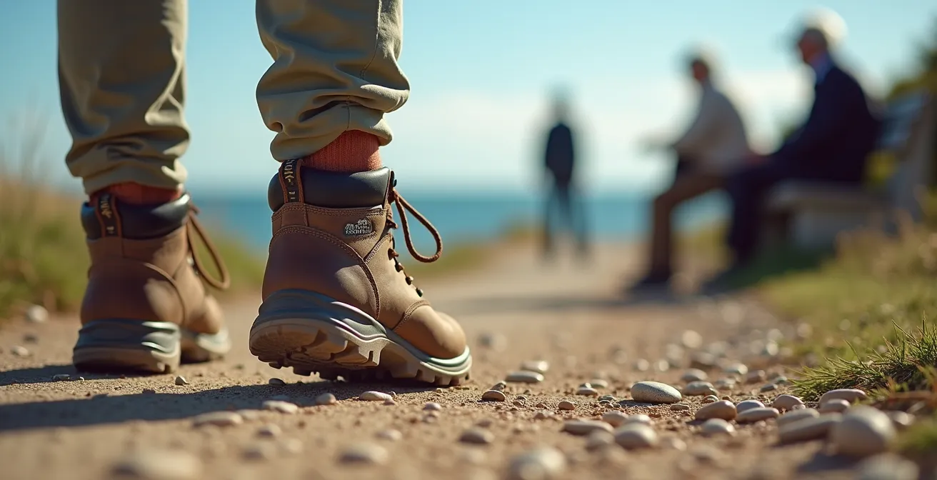 Groupe de seniors en pause sur un banc lors d'une randonnée côtière