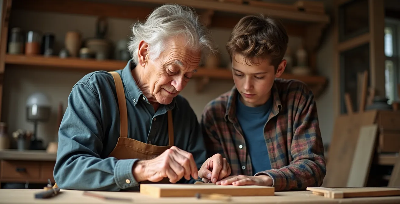 Senior transmettant un savoir-faire artisanal à un jeune dans un atelier lumineux