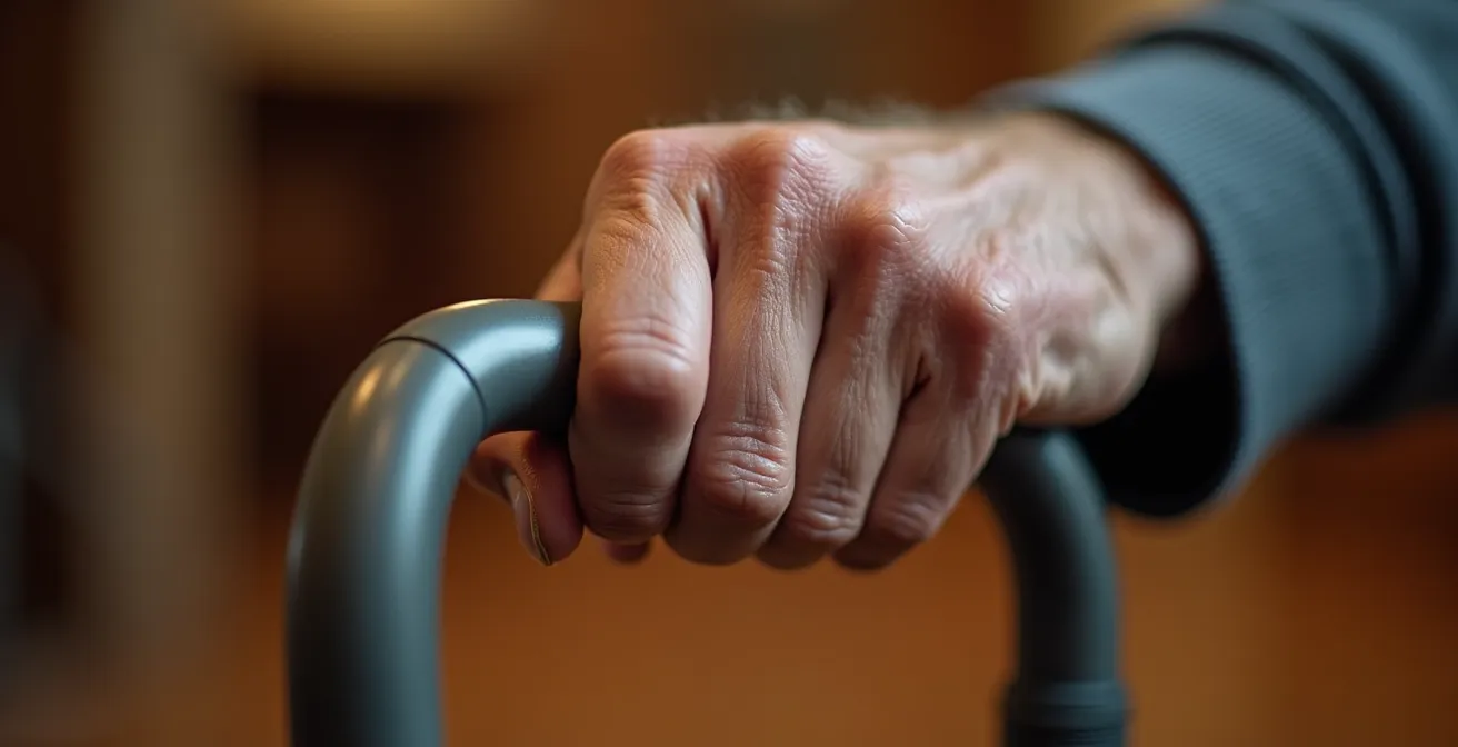 Détail macro d'une main de senior tenant délicatement une canne-siège pliable moderne