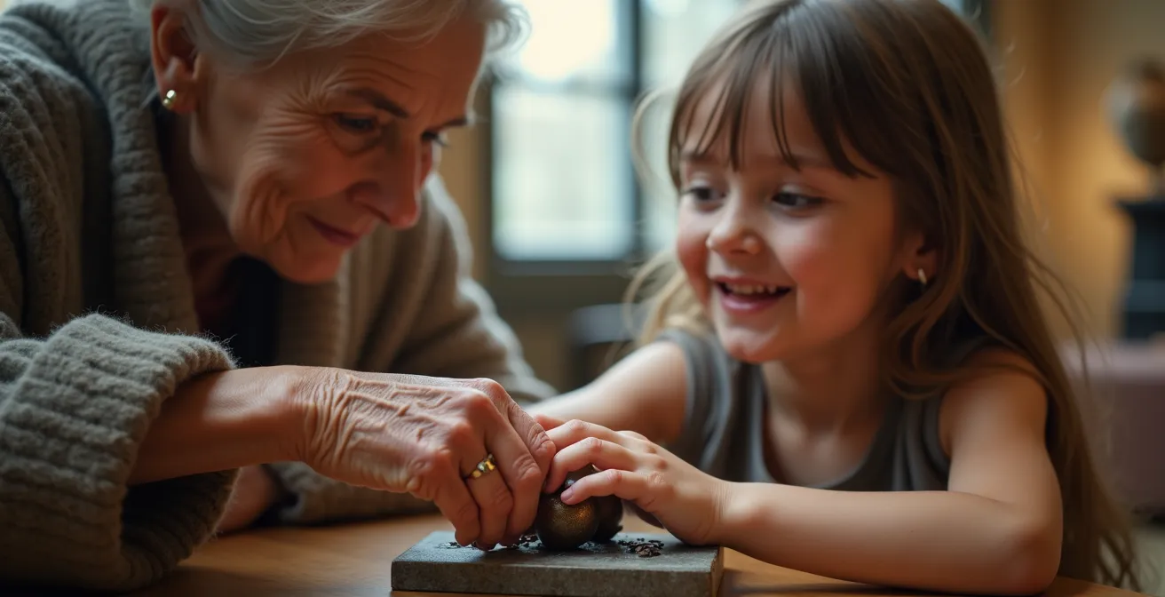 Grand-mère et petite-fille explorant ensemble une sculpture tactile au musée