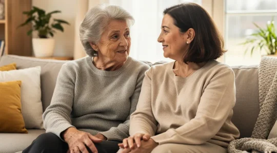 Résidence senior Yvelines : mère et fille discutant dans un salon lumineux