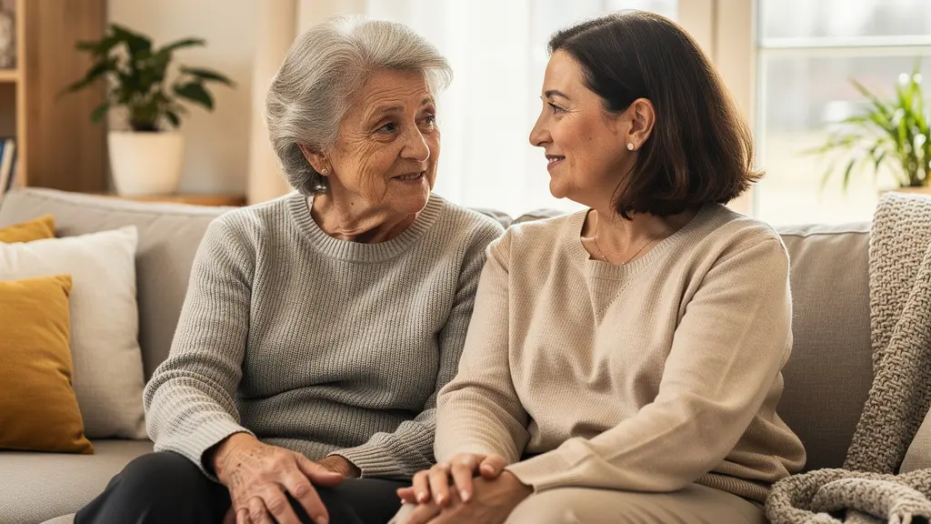 Résidence senior Yvelines : mère et fille discutant dans un salon lumineux