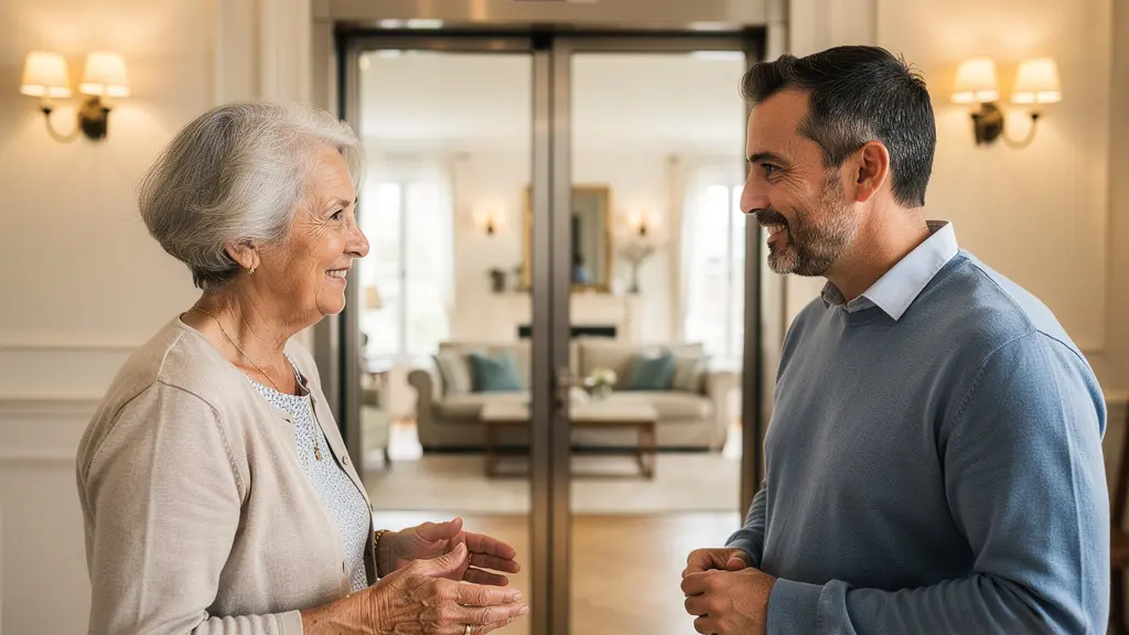 Famille multigénérationnelle discutant devant un ascenseur privatif installé