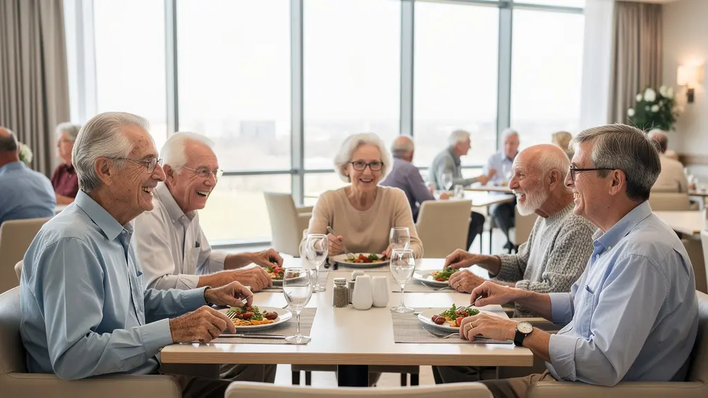 Résidents seniors partageant un repas convivial en résidence services