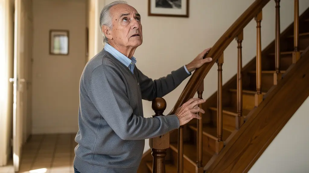 Senior appréhendant la montée d'un escalier, main sur la rampe