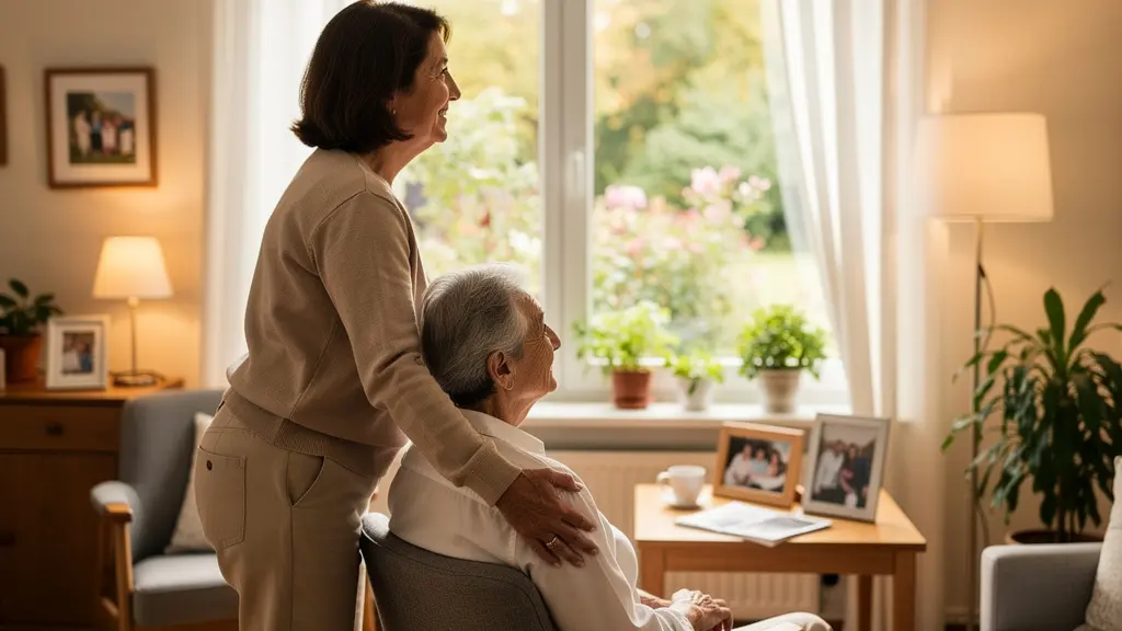 Fille visitant sa mère dans un appartement de résidence senior