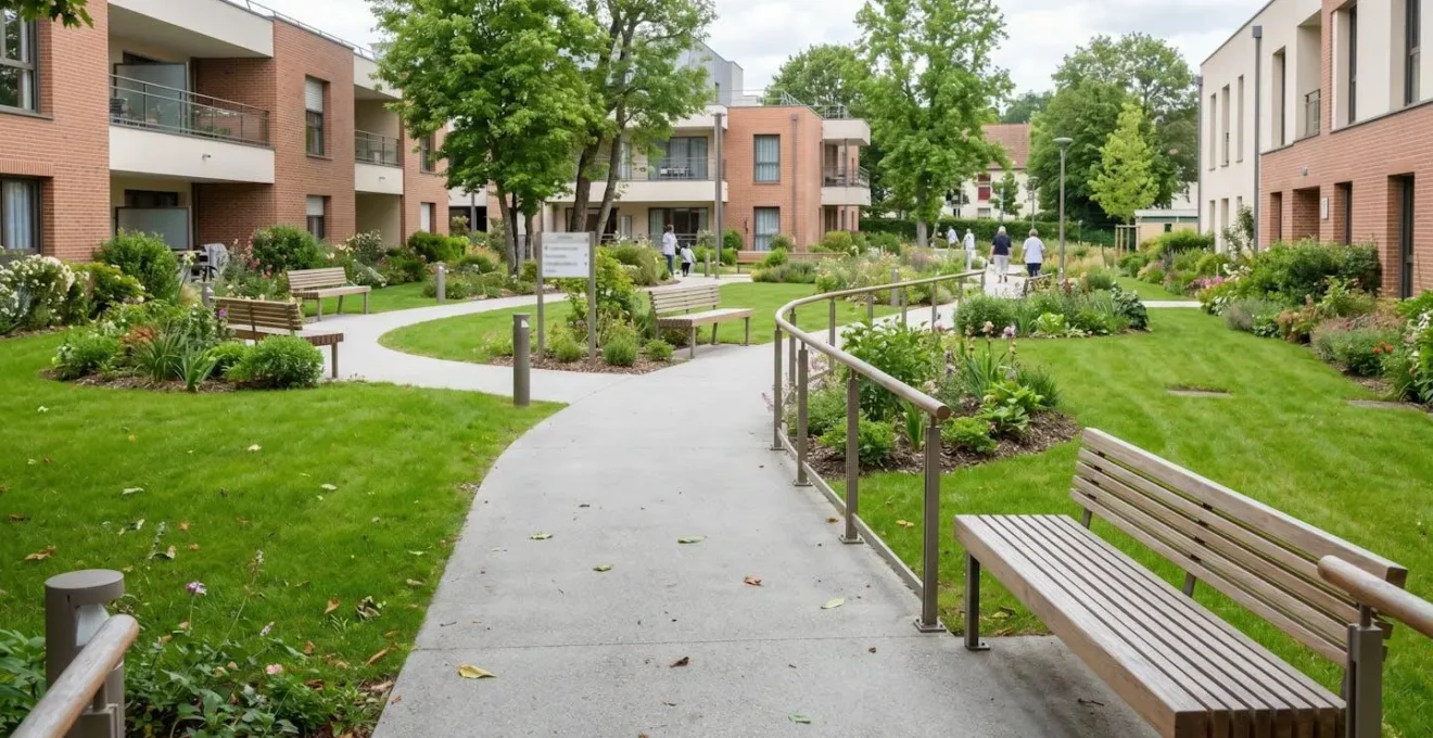 Allée accessible en pente douce dans le jardin d'un EHPAD contemporain avec mains courantes intégrées et bancs le long du cheminement