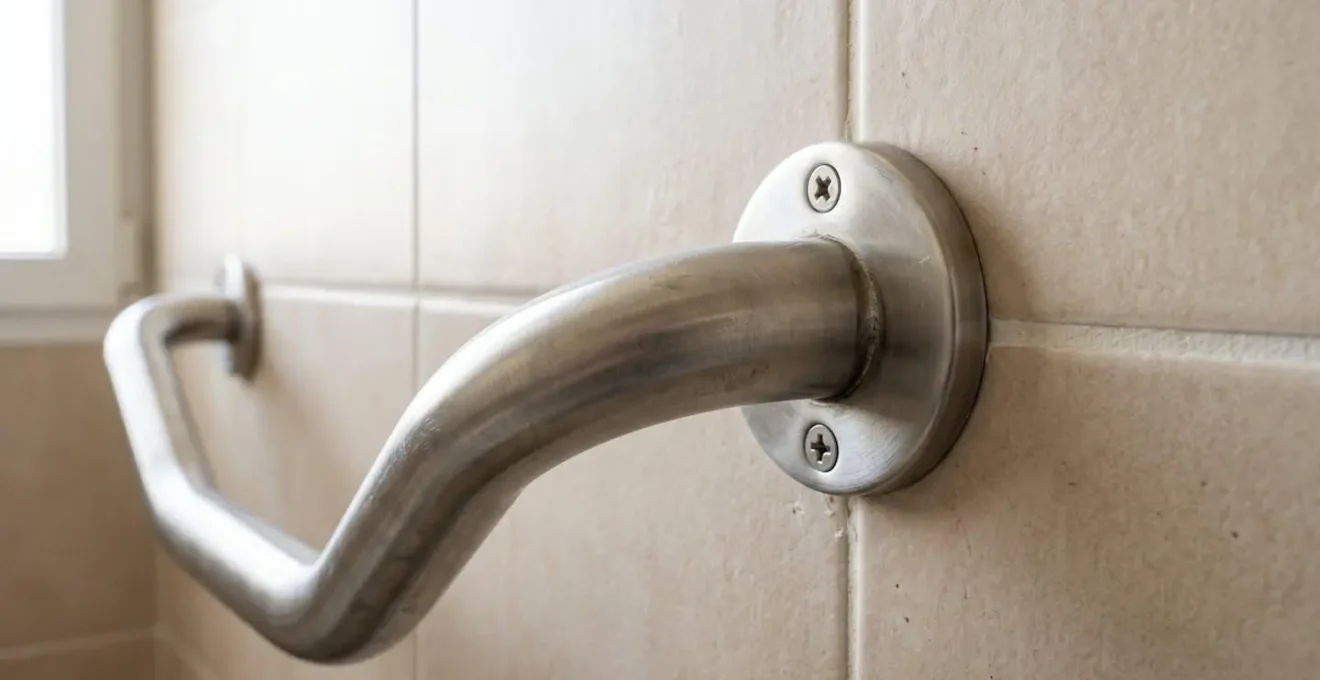 Barre d'appui ergonomique en acier inoxydable fixée sur un mur de salle de bain d'EHPAD avec carrelage contemporain