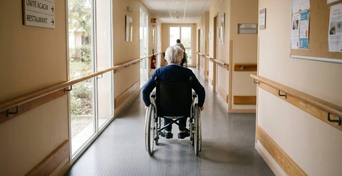 Personne âgée en fauteuil roulant circulant de manière autonome dans un couloir d'EHPAD équipé de mains courantes et d'un sol antidérapant