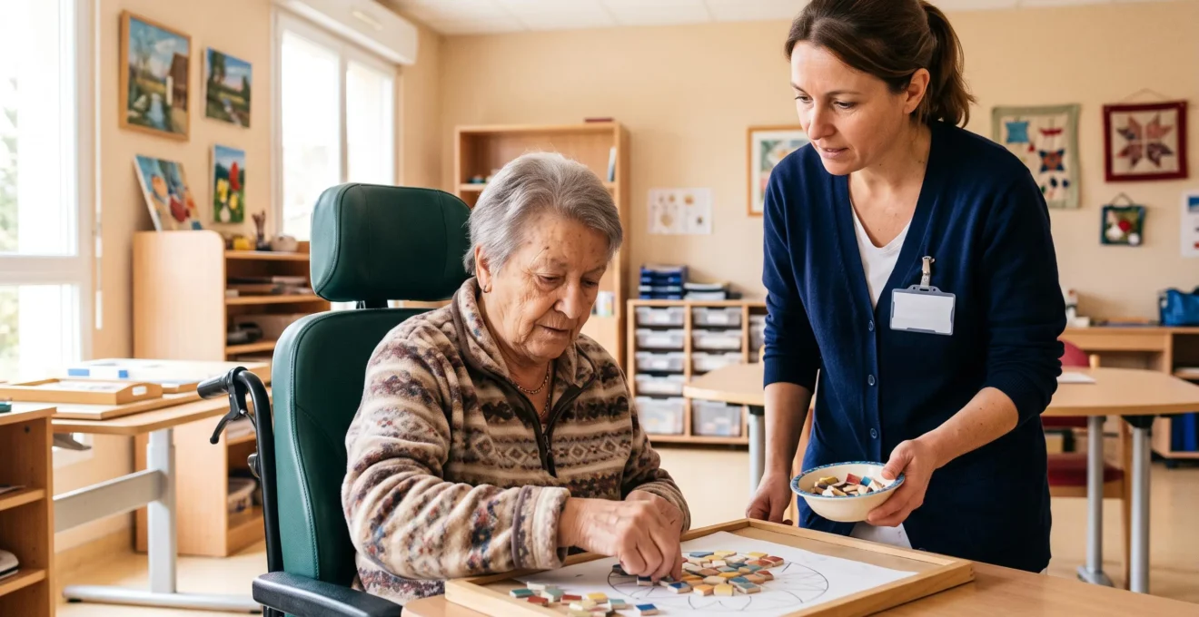 Résident âgé en situation de handicap participant à une activité thérapeutique adaptée en EHPAD