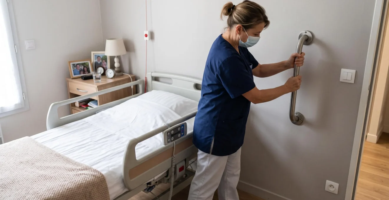 Professionnel de santé vérifiant une barre d'appui dans une chambre adaptée d'EHPAD