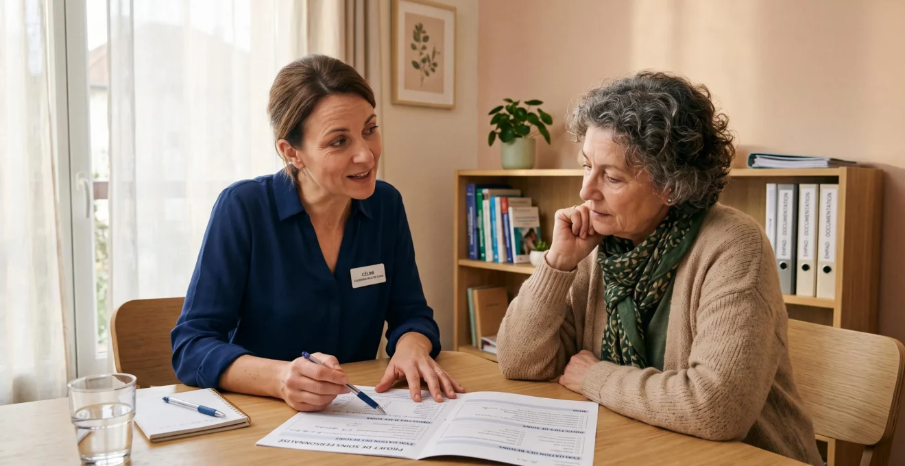 Professionnel de l'EHPAD et membre de famille discutant ensemble d'un projet de vie personnalisé