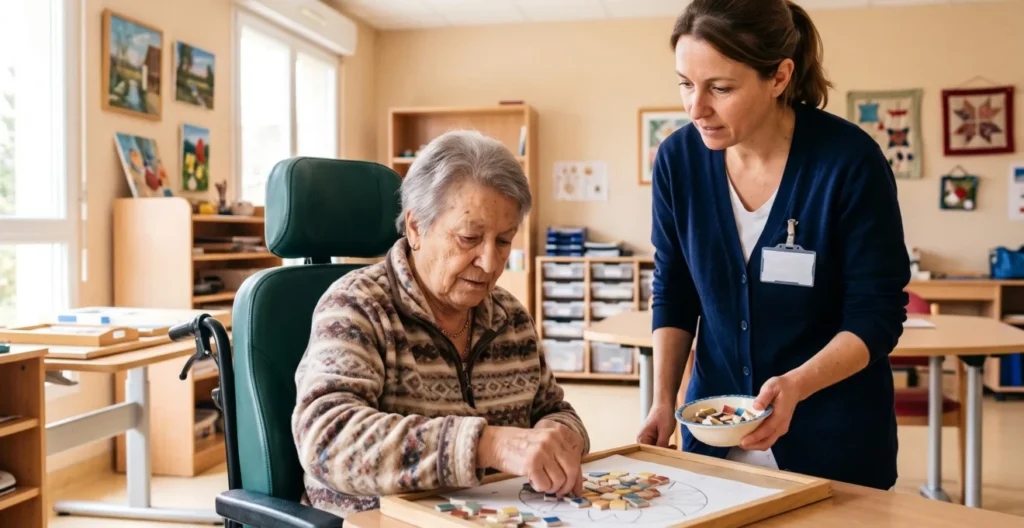 Résident âgé en situation de handicap participant à une activité thérapeutique adaptée en EHPAD Résident âgé en situation de handicap participant à une activité thérapeutique adaptée en EHPAD