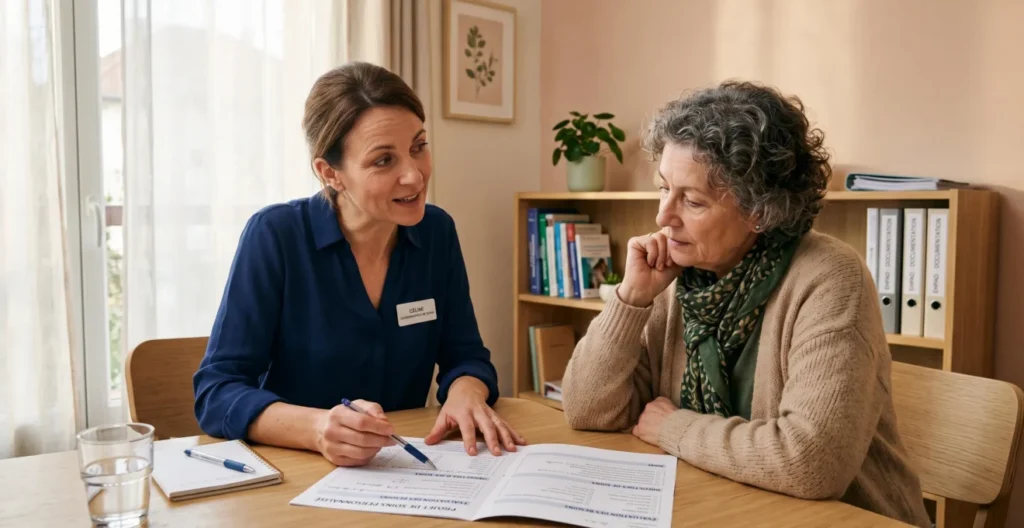 Professionnel de l'EHPAD et membre de famille discutant ensemble d'un projet de vie personnalisé Professionnel de l'EHPAD et membre de famille discutant ensemble d'un projet de vie personnalisé